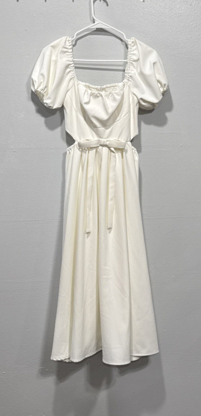 Timeless Collection A-Line Midi Dress Puff Sleeve Cut Out Womens XS Off White